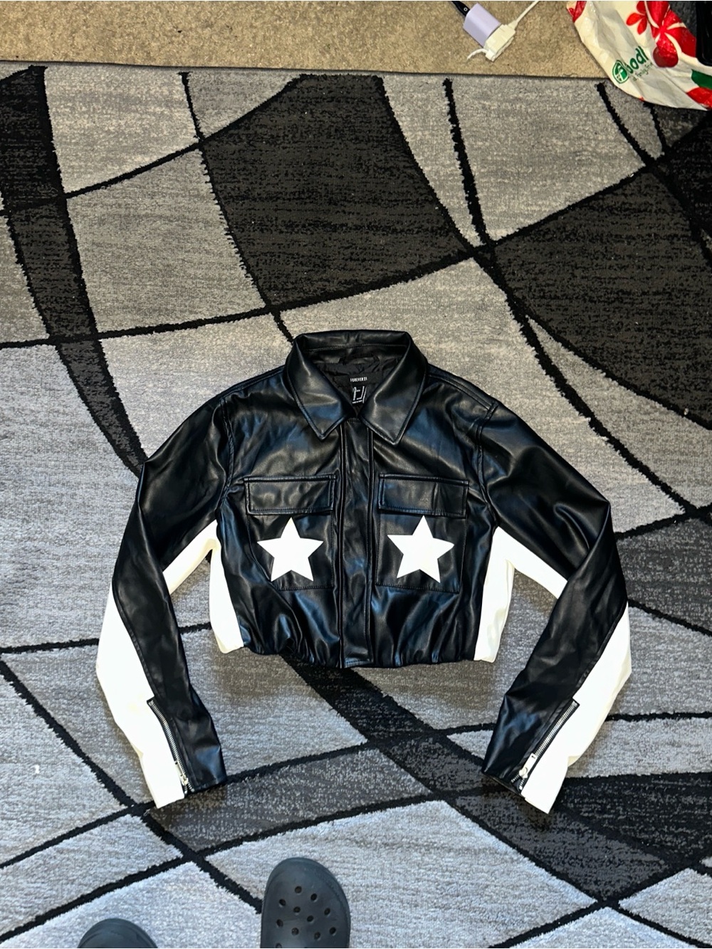 Forever 21 Black Faux Leather Cropped Jacket with White Star Accents
